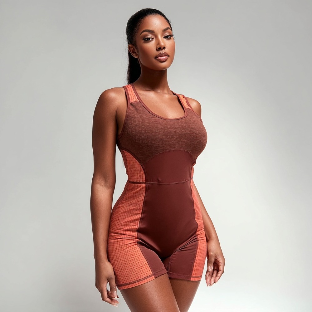 Fabletics Motion365 Open Back 7"‎ Jumpsuit Rust Coral Mesh Panels XS